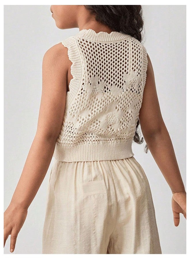 ميك ميشيك بلوزة كروشيه صيفية للبنات من MakeMeChic، بدون أكمام، قصيرة ولطيفة، لون مشمشي، مقاس 6 سنوات - Image 4