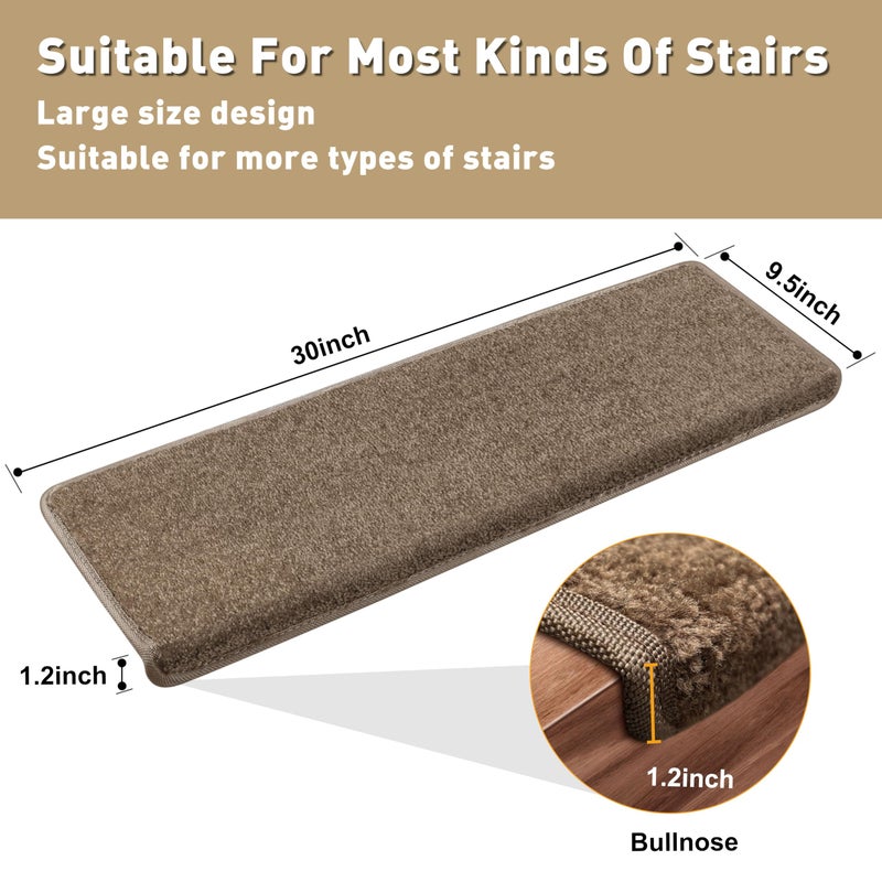 PURE ERA Bullnose Carpet Stair Treads Set Tape Free Non-Slip Indoor Stair Protectors Pet Friendly Rugs Covers Soft Skid Resistant Washable Reusable 9.5" x 30"(14 Pieces, Camel Brown) - Image 2