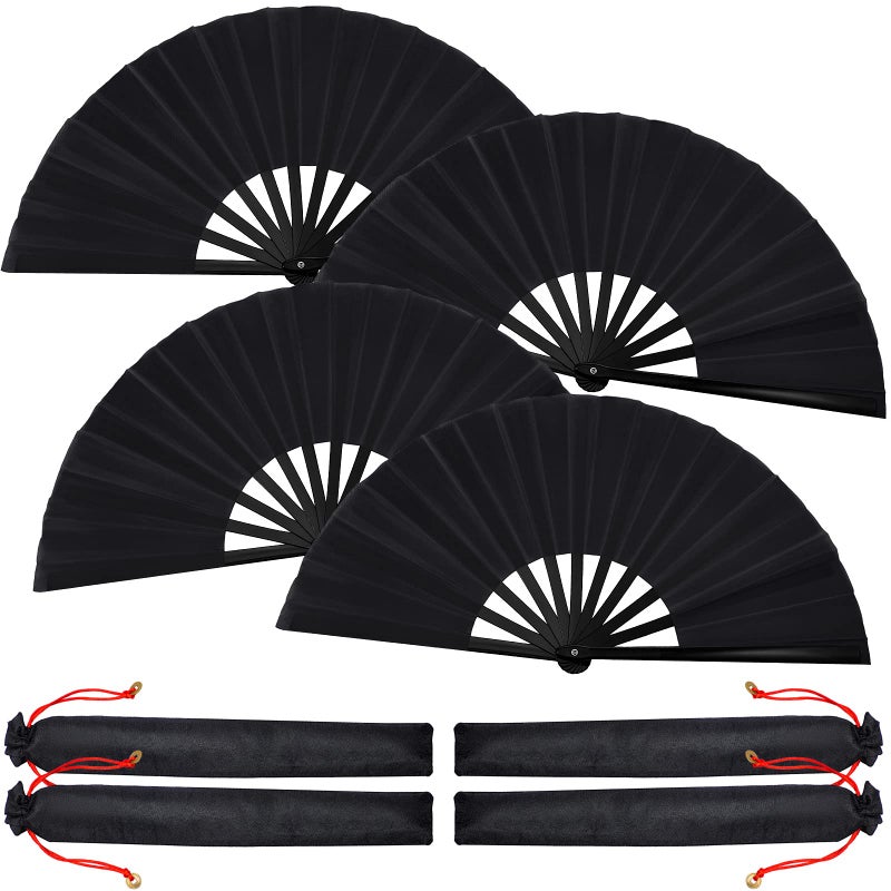Blulu Blulu 4 Pcs Large Chinese Folding Fans for Line Dancing Big Silk Handheld Clapping Popping Fans for Men Women Foldable for Dancing Boots on the GroundBlack 