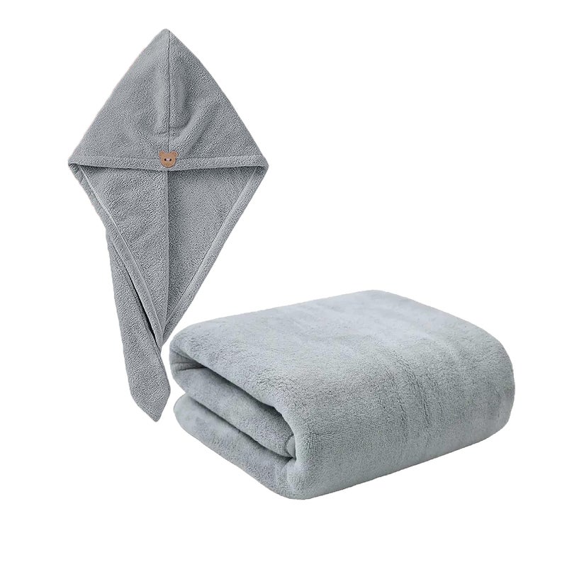MAXOSHINE Microfiber Bath Towel/Hair Wrap Combo-Soft Super Absorbent Towels for Bath with Hook-Quick Dry Towel for Women and Men (1 Bath Towel +1 Hair Wrap Combo-Grey) - Image 1