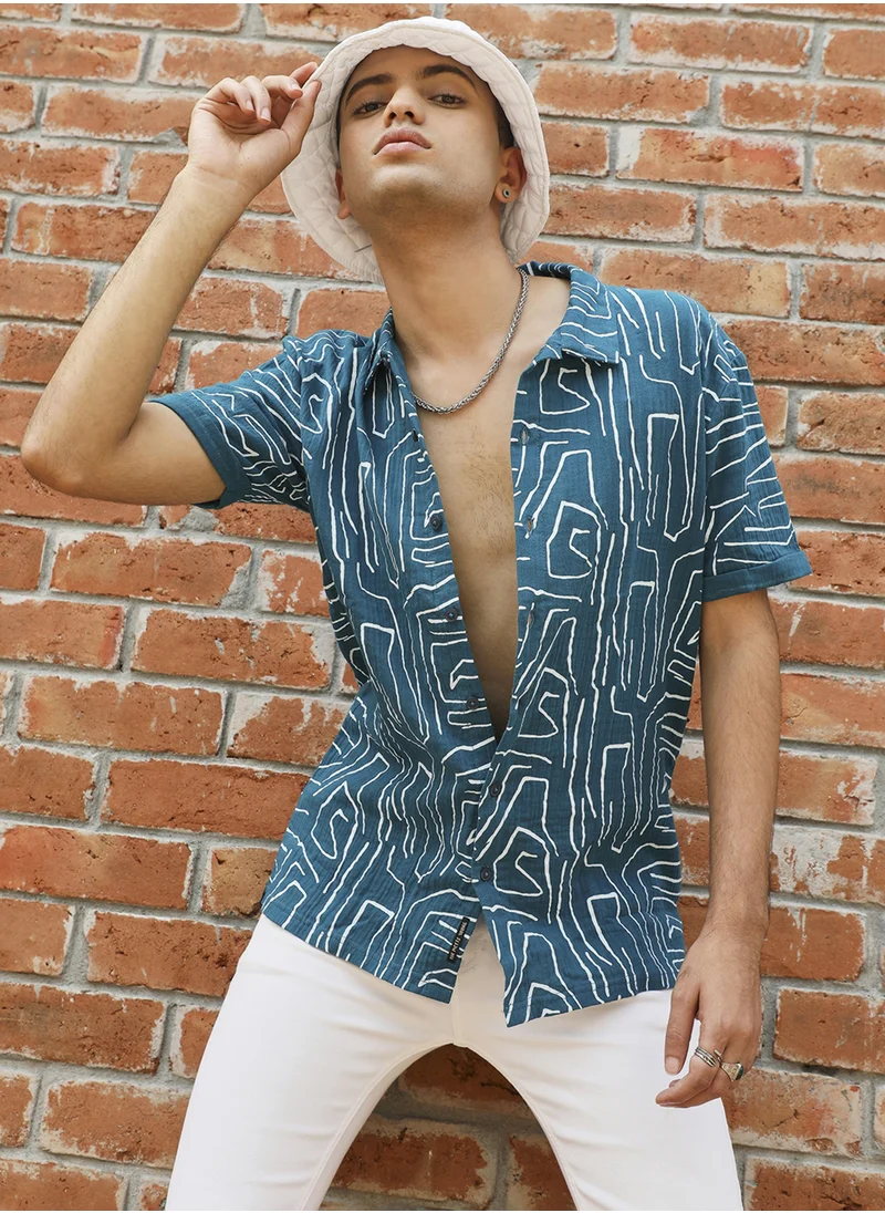 كامبوس سوترا Men's Teal Blue Abstract Lines Print Shirt