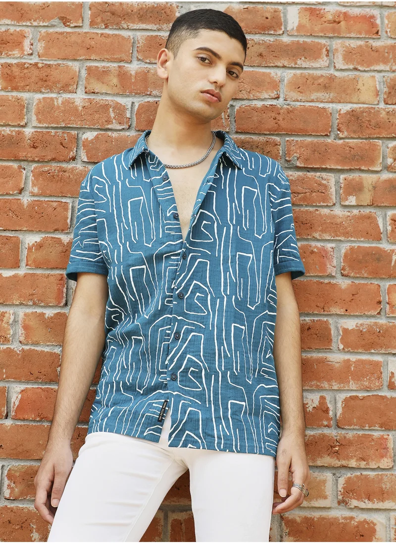 كامبوس سوترا Men's Teal Blue Abstract Lines Print Shirt