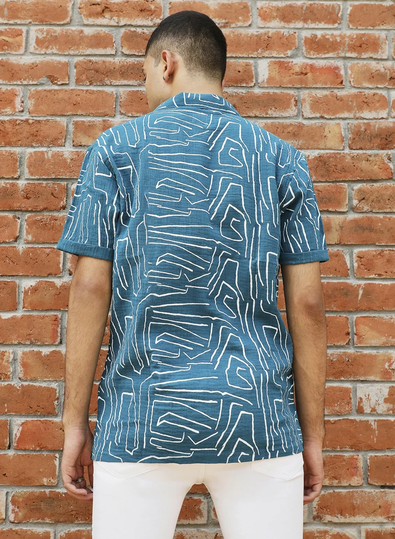 كامبوس سوترا Men's Teal Blue Abstract Lines Print Shirt