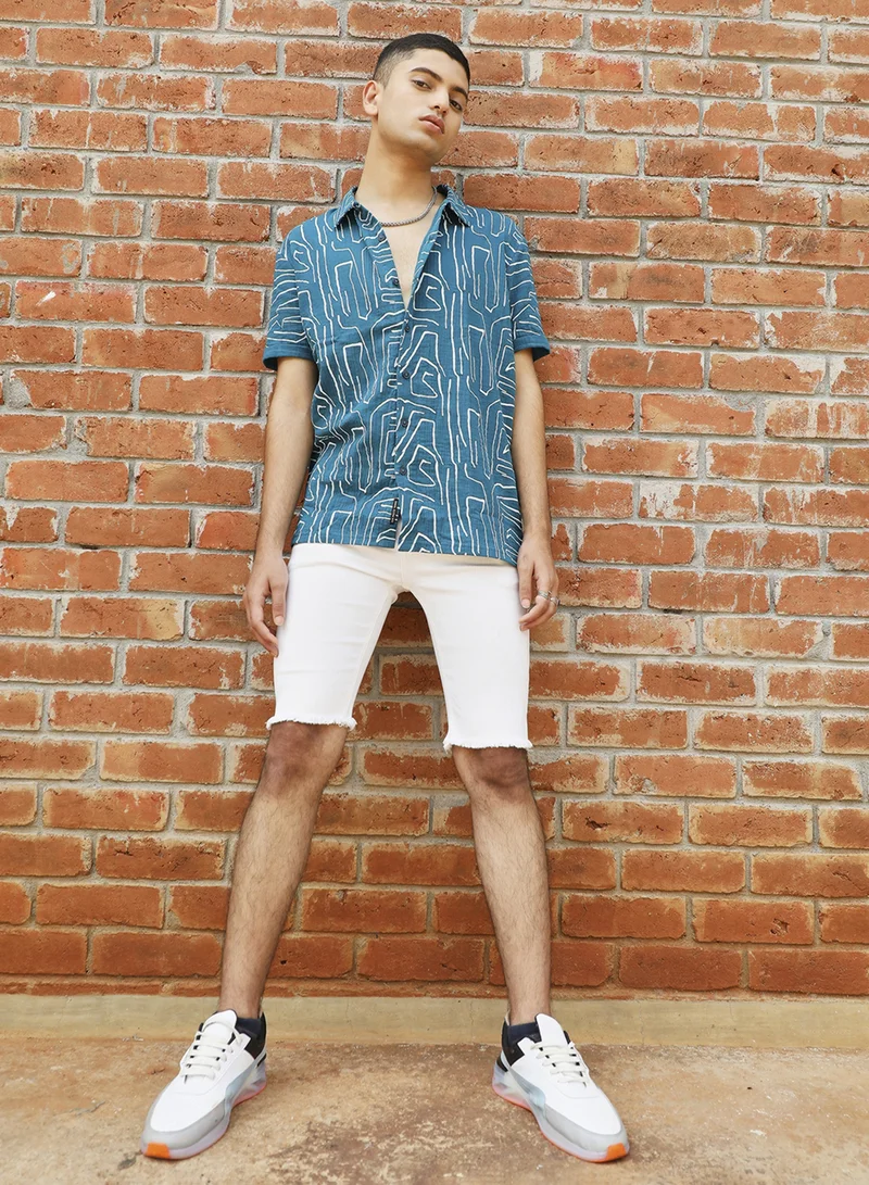 كامبوس سوترا Men's Teal Blue Abstract Lines Print Shirt