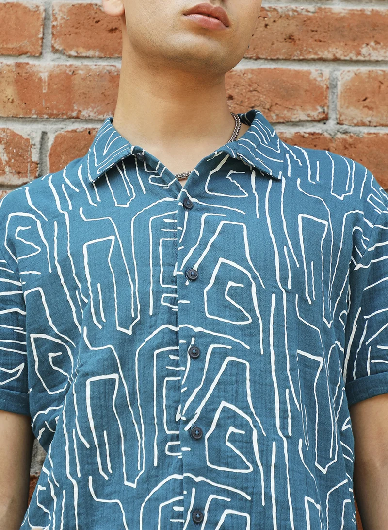 كامبوس سوترا Men's Teal Blue Abstract Lines Print Shirt