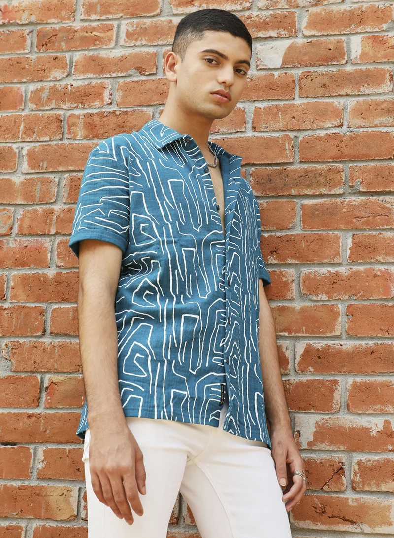 كامبوس سوترا Men's Teal Blue Abstract Lines Print Shirt