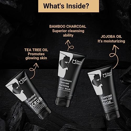 Qraa Men Charcoal Kit : Charcoal Scrub, Face wash & Peel-off Mask For Men - with Essential Oils | For deep cleansing & Glowing Skin | Anti Acne & Blackhead Remover | 100gm X 3 (Pack of 3) - Image 3