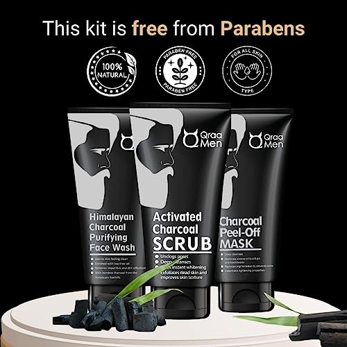 Qraa Men Charcoal Kit : Charcoal Scrub, Face wash & Peel-off Mask For Men - with Essential Oils | For deep cleansing & Glowing Skin | Anti Acne & Blackhead Remover | 100gm X 3 (Pack of 3) - Image 5
