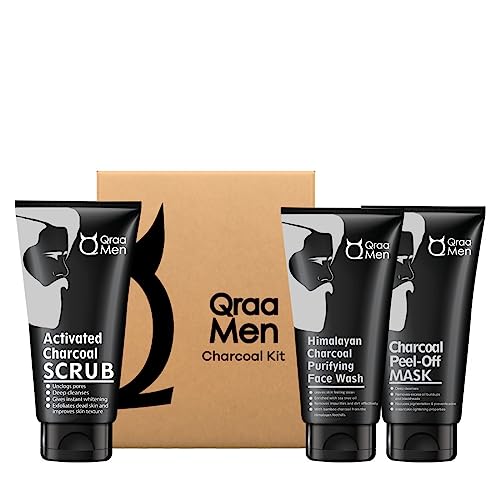 Qraa Men Charcoal Kit : Charcoal Scrub, Face wash & Peel-off Mask For Men - with Essential Oils | For deep cleansing & Glowing Skin | Anti Acne & Blackhead Remover | 100gm X 3 (Pack of 3) - Image 1