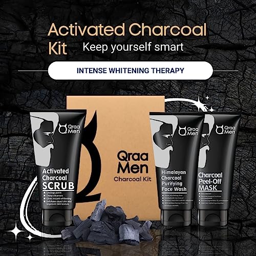 Qraa Men Charcoal Kit : Charcoal Scrub, Face wash & Peel-off Mask For Men - with Essential Oils | For deep cleansing & Glowing Skin | Anti Acne & Blackhead Remover | 100gm X 3 (Pack of 3) - Image 2