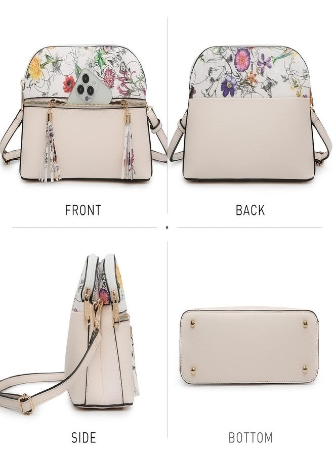داسين حقيبة كتف نسائية من داسين مزودة بشرابة وسحاب وجيب، حقيبة سفر عصرية مع جيوب متعددة (زهرة بيضاء/بيج) - Image 3