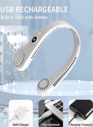 Neck Fan, Portable Hanging Neck Fan, Bladeless Neck Fan with 360° Airflow, 5-Speed Adjustable with Led Digital Display, Rechargeable Wearable Fan Cooling Quiet/White - view 2