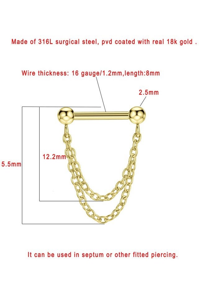 FANSING - Gold Surgical Steel Septum Jewelry 16g Threadless Septum Rings 8mm Push Pin Septum Double Chains Helix Piercing Jewelry 16 Gauge - Image 1