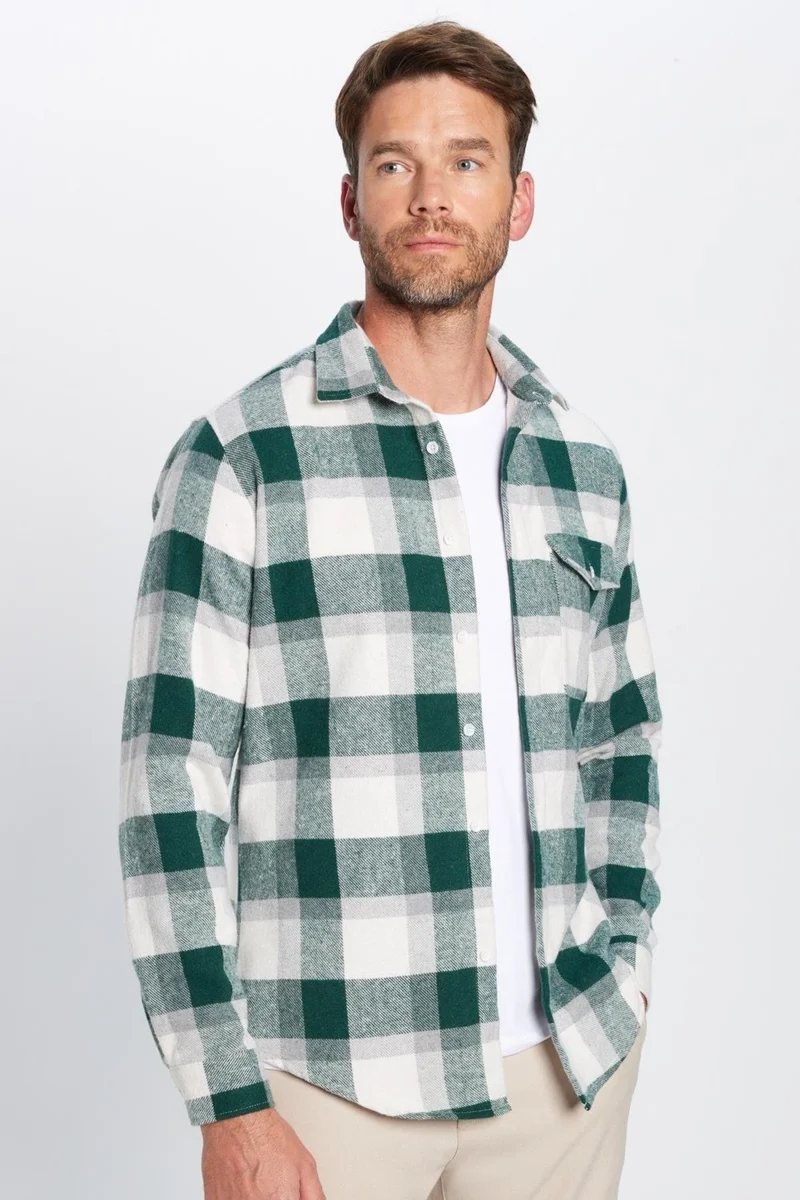 تودورس Men's Slim Fit Slim Fit Lumberjack Single Pocket Checkered Winter Shirt