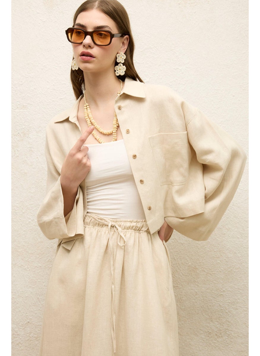 Manuka - Linen Long Sleeve Crop Shirt Beige - Image 1