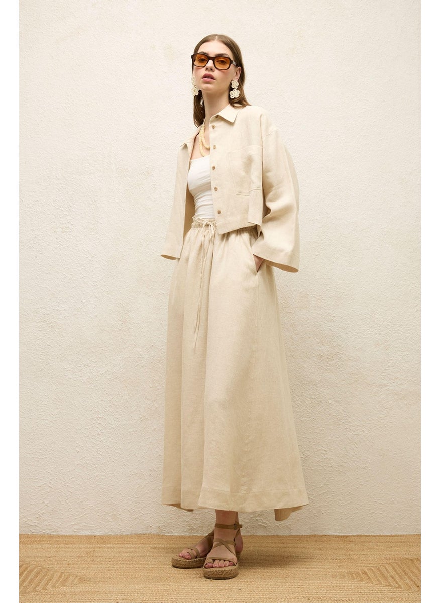 Manuka - Linen Long Sleeve Crop Shirt Beige - Image 1