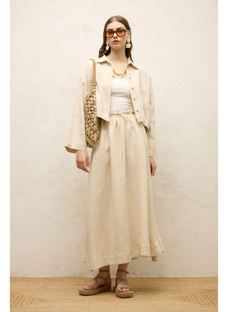 Manuka - Linen Long Sleeve Crop Shirt Beige - Image 1