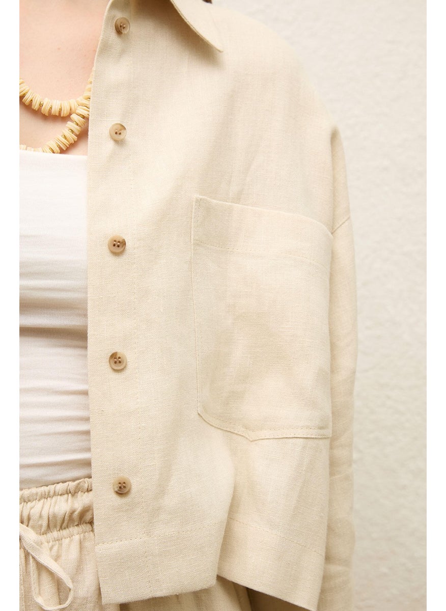 Manuka - Linen Long Sleeve Crop Shirt Beige - Image 1