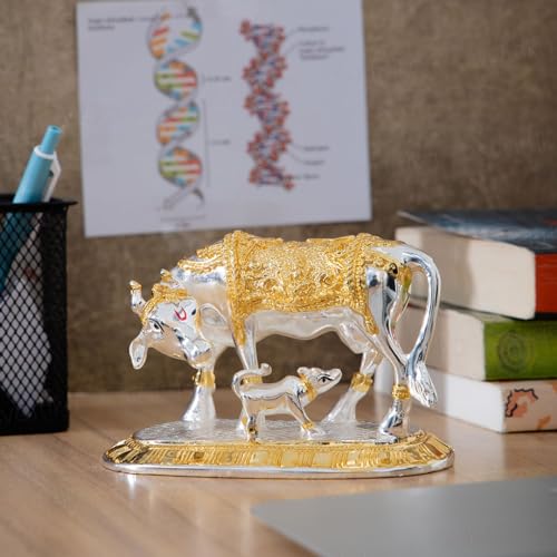 Svastika Vastu Kamdhenu Cow with Calf Idol | 24K Gold & 999 Silver Plated | Brings Prosperity, Wealth & Positive Energy | Auspicious Vastu Gift for Weddings and Housewarmings (3.5 Inch) - Image 2