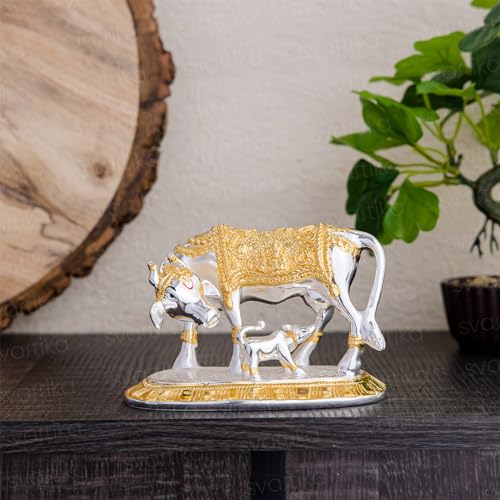 Svastika Vastu Kamdhenu Cow with Calf Idol | 24K Gold & 999 Silver Plated | Brings Prosperity, Wealth & Positive Energy | Auspicious Vastu Gift for Weddings and Housewarmings (3.5 Inch) - Image 1