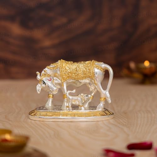 Svastika Vastu Kamdhenu Cow with Calf Idol | 24K Gold & 999 Silver Plated | Brings Prosperity, Wealth & Positive Energy | Auspicious Vastu Gift for Weddings and Housewarmings (3.5 Inch) - Image 3