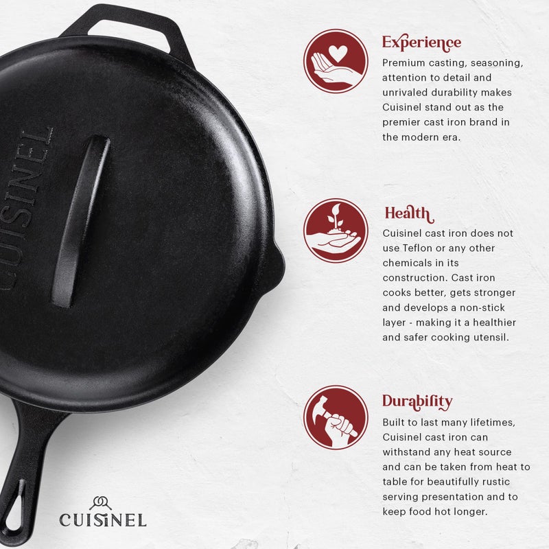 Cuisinel Cast Iron Skillet with Lid - 12"-inch Pre-Seasoned Covered Frying Pan Set + Silicone Handle & Lid Holders + Scraper/Cleaner - Indoor/Outdoor, Oven, Stovetop, Camping Fire, Grill Safe Cookware - Image 3