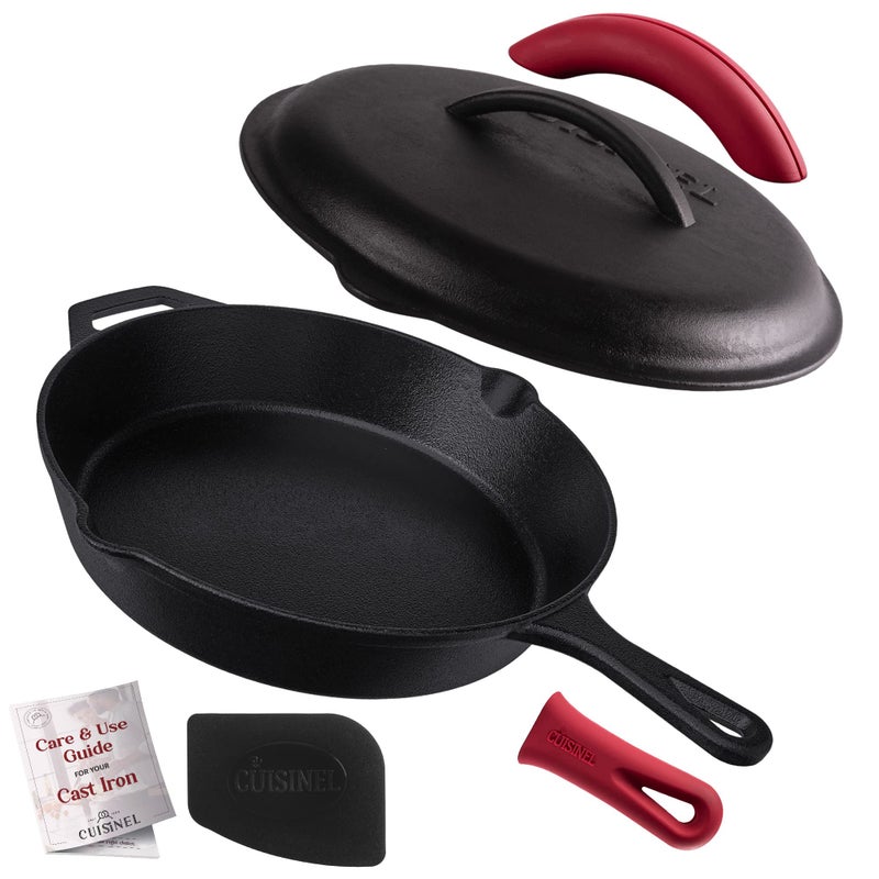 Cuisinel Cast Iron Skillet with Lid - 12"-inch Pre-Seasoned Covered Frying Pan Set + Silicone Handle & Lid Holders + Scraper/Cleaner - Indoor/Outdoor, Oven, Stovetop, Camping Fire, Grill Safe Cookware - Image 1