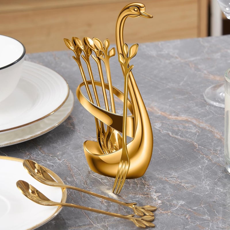 AnSaw Stainless Steel Gold Creative Dinnerware Set - Decorative Swan Base Holder with 5 Forks and 5 Spoons for Coffee, Fruit,Dessert,Stirring, Mixing, Sugar, Stir, Ice Cream, Cake, Teaspoon (Gold) - Image 4