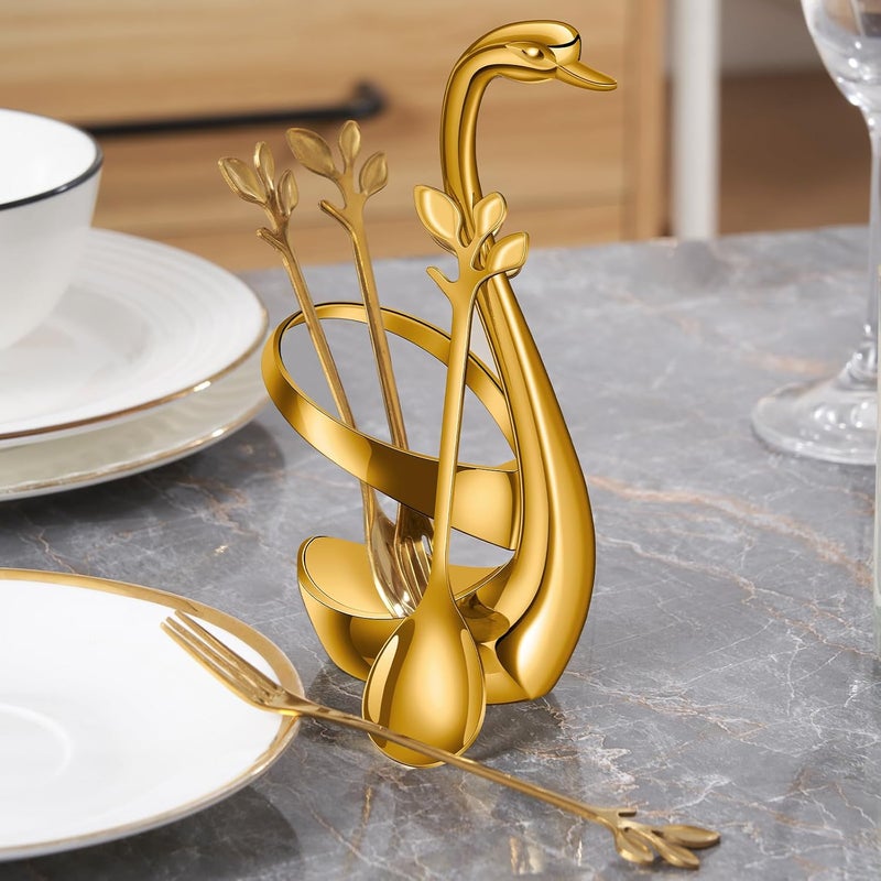AnSaw Stainless Steel Gold Creative Dinnerware Set - Decorative Swan Base Holder with 5 Forks and 5 Spoons for Coffee, Fruit,Dessert,Stirring, Mixing, Sugar, Stir, Ice Cream, Cake, Teaspoon (Gold) - Image 5