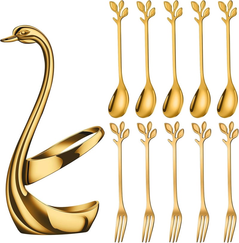 AnSaw Stainless Steel Gold Creative Dinnerware Set - Decorative Swan Base Holder with 5 Forks and 5 Spoons for Coffee, Fruit,Dessert,Stirring, Mixing, Sugar, Stir, Ice Cream, Cake, Teaspoon (Gold) - Image 1