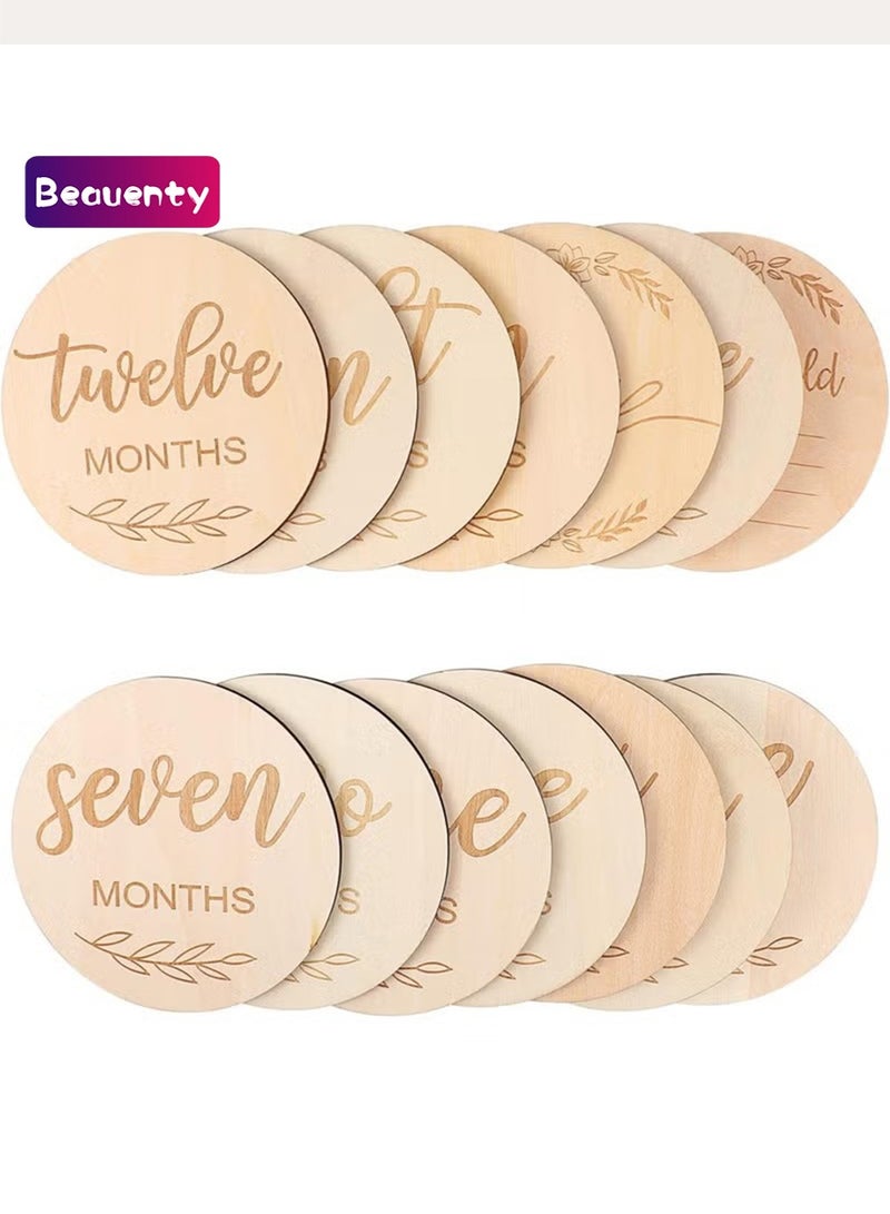 Beauenty 14 Piece Wooden Baby Monthly Milestone Photo Cards, Baby Announcement Cards, Baby Milestone Discs for Newborn Baby Shower Gifts - Image 1
