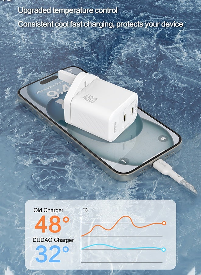 DUDAO 45W Samsung Charger GaN Dual USB-C Fast Charger with USB-C Cable, Compact Type-C Wall Charger, USB C Samsung Charger Laptop Charger, Power Adapter for iPhone, Samsung, Huawei, MacBook, iPad, Laptop – 9-Layer Safety Protection, Smart Temp Control - Image 3