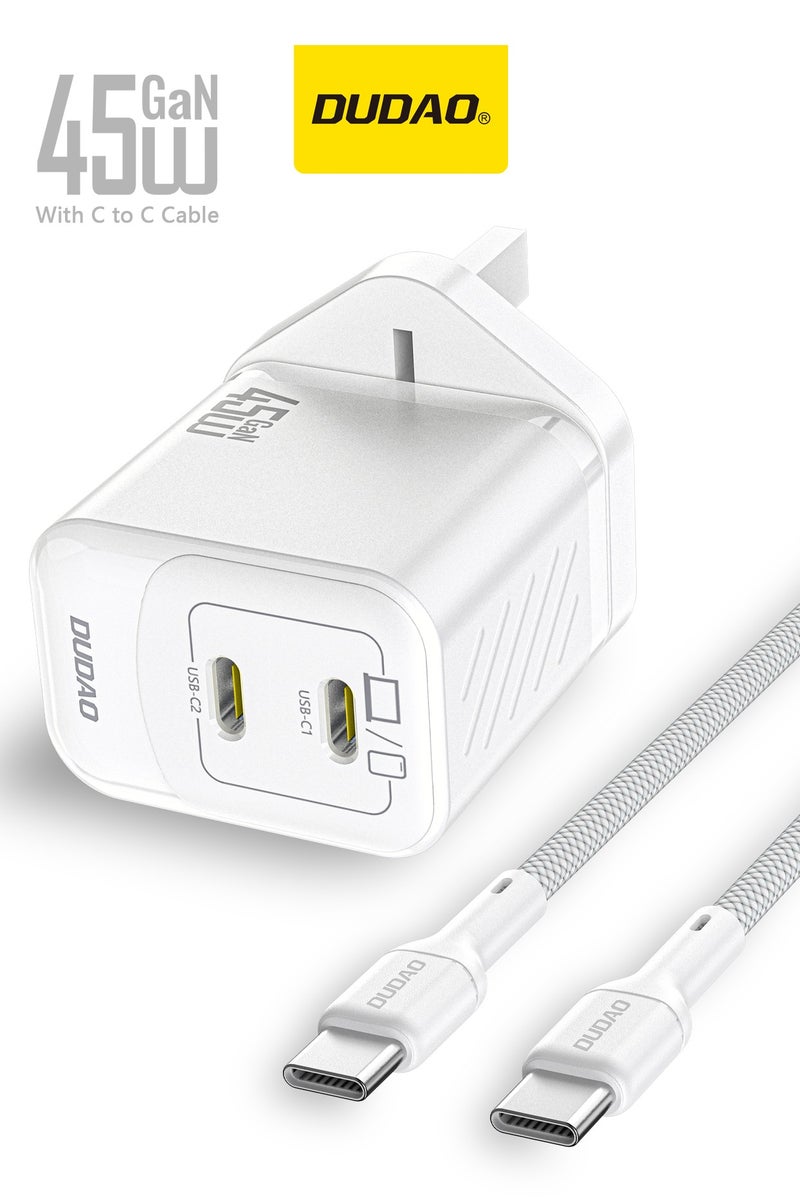 DUDAO 45W Samsung Charger GaN Dual USB-C Fast Charger with USB-C Cable, Compact Type-C Wall Charger, USB C Samsung Charger Laptop Charger, Power Adapter for iPhone, Samsung, Huawei, MacBook, iPad, Laptop – 9-Layer Safety Protection, Smart Temp Control - Image 1
