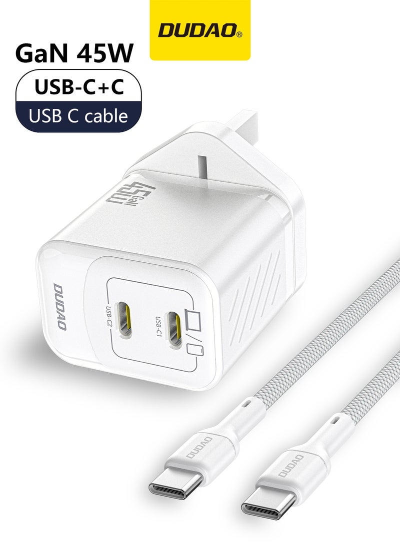 دوداو شاحن سريع 45 واط GaN بمنفذي USB-C مزدوجين مع كابل USB-C بقدرة 65 واط، شاحن جداري PD3.0 PPS صغير الحجم، شاحن تايب سي متوافق مع سامسونج Galaxy و iPhone 15 و Huawei، شاحن USB C سريع مع تحكم ذكي في درجة الحرارة - Image 1
