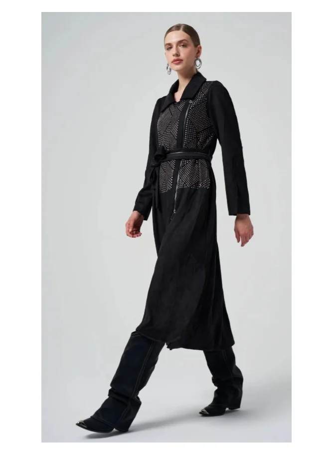 MissWhence Suede Trench Coat with Stud/Rhinestone Detail - Black