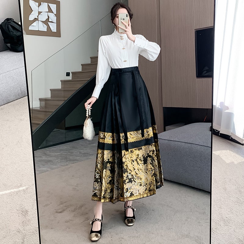 Ming-made Hanfu Improved Daily Commuter New Chinese-style Horse-faced Skirt suit 2024 New Style National Style Skirt for Small Men Black long skirt