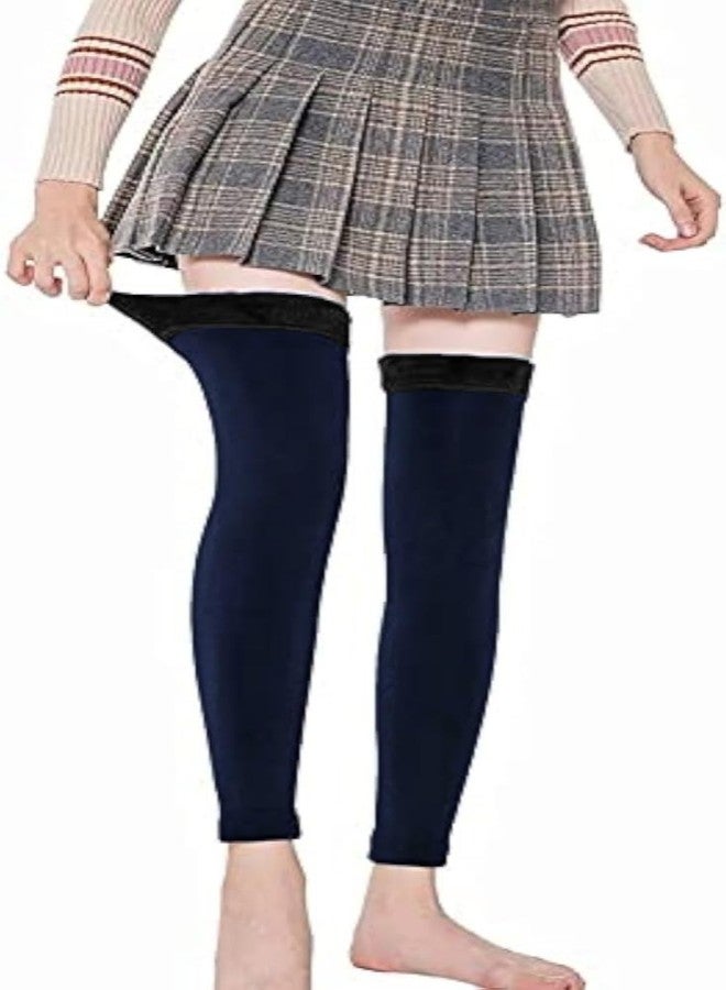 NESVIB Women Men Warm Over Knee Winter Fleece Fur Leg Warmer Knee Warmer High Socks (Beige & Navy Blue) - Image 4
