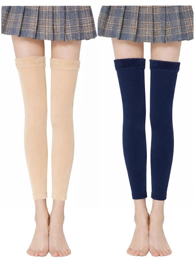NESVIB Women Men Warm Over Knee Winter Fleece Fur Leg Warmer Knee Warmer High Socks (Beige & Navy Blue) - Image 1