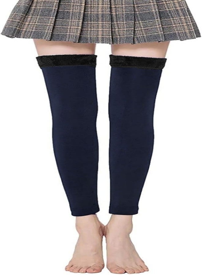 NESVIB Women Men Warm Over Knee Winter Fleece Fur Leg Warmer Knee Warmer High Socks (Beige & Navy Blue) - Image 3