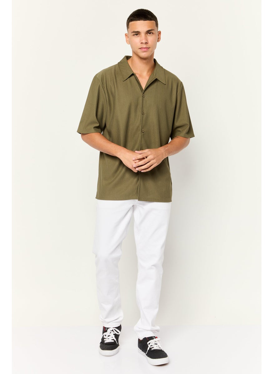 Core Elements Men Regular Fit Short Sleeve Ribbed Casual Shirt, Olive  - Image 4