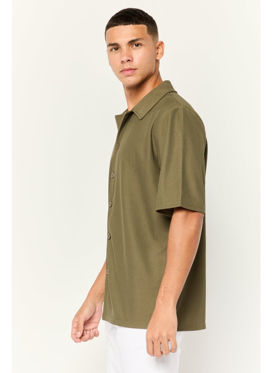 Core Elements Men Regular Fit Short Sleeve Ribbed Casual Shirt, Olive  - Image 2
