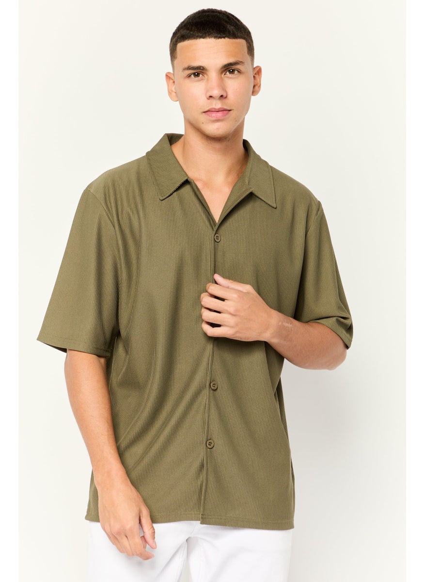 Core Elements Men Regular Fit Short Sleeve Ribbed Casual Shirt, Olive  - Image 1