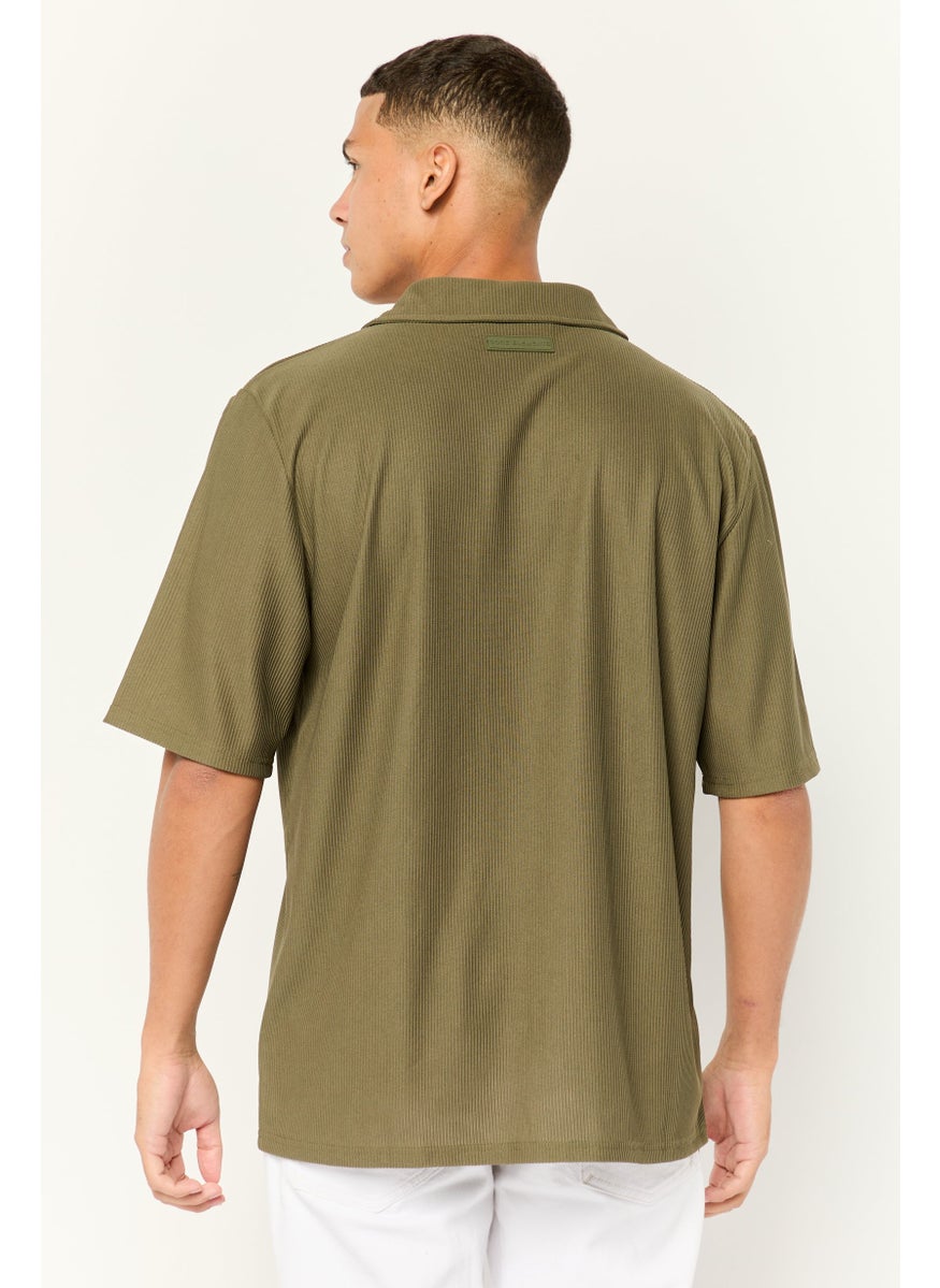 Core Elements Men Regular Fit Short Sleeve Ribbed Casual Shirt, Olive  - Image 3