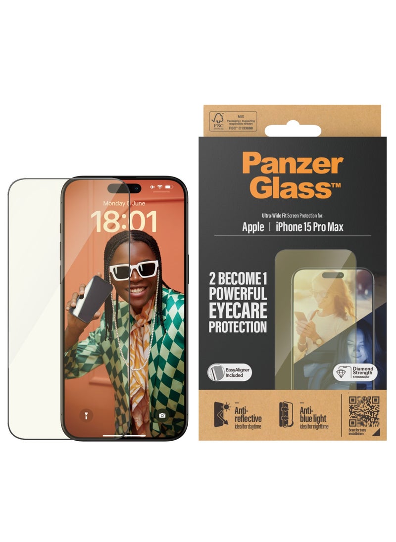PanzerGlass - PanzerGlass™ Advanced Anti-Reflective and Anti-Blue Light Screen Protector for Apple iPhone 15 Pro Max, Protect Your Eyes, Protect Your Phone - Case friendly full screen protector with mounting aid - Image 1