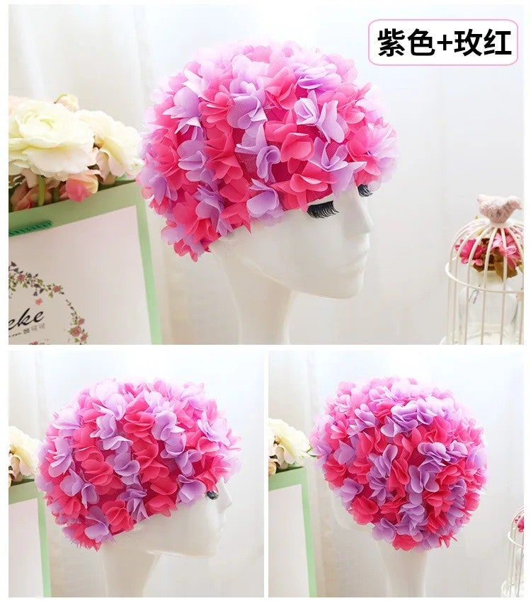 Bluejw Women's Nylon Swimming Cap Three-dimensional Petals Comfortable Elastic Lining Long Hair Flower Design Breathable Swim - Image 1