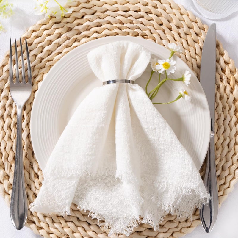 MLMC 6 Pack Ivory White Linen Napkins Boho Washable Cloth Napkins with Fringe Reusable Rustic Gauze Dinner Table Decor 1717 for Wedding Party Bridal Baby Shower Spring Decor - Image 1