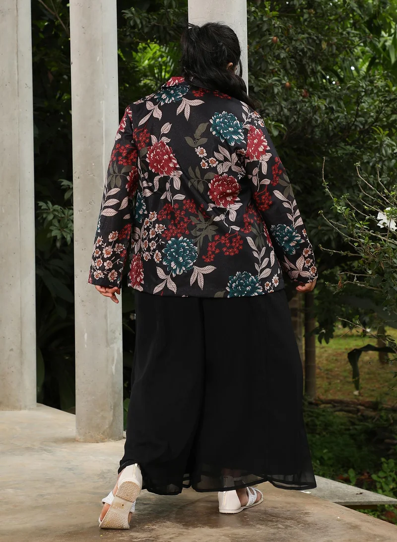 Instafab Plus Instafab Plus Women's Obsidian Black Botanica Flared Co-Ord Set For Ethnic Wear | Sweetheart Neck, Long Regular Sleeves | Floral Print Plain Fabric | 3 Piece Co-Ords For Evening & Party Wear