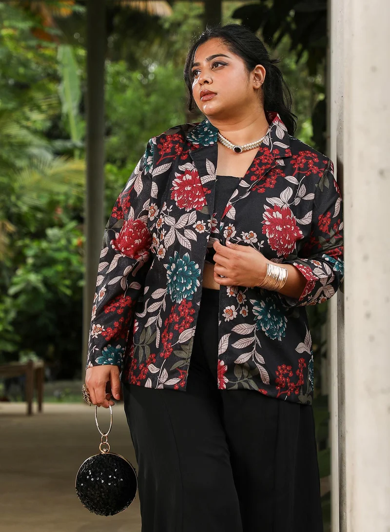 Instafab Plus Instafab Plus Women's Obsidian Black Botanica Flared Co-Ord Set For Ethnic Wear | Sweetheart Neck, Long Regular Sleeves | Floral Print Plain Fabric | 3 Piece Co-Ords For Evening & Party Wear