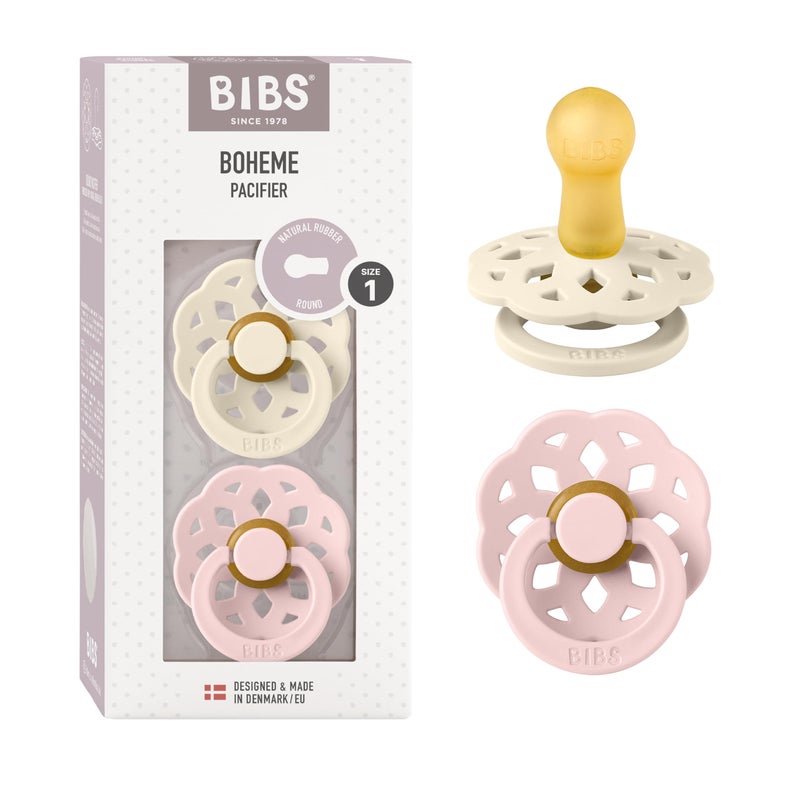 BIBS Pacifiers - Boheme Collection | BPA-Free Baby Pacifier | Made in Denmark | Set of 2 Ivory/Blossom Color Premium Soothers | Size 0-6 Months - Image 1