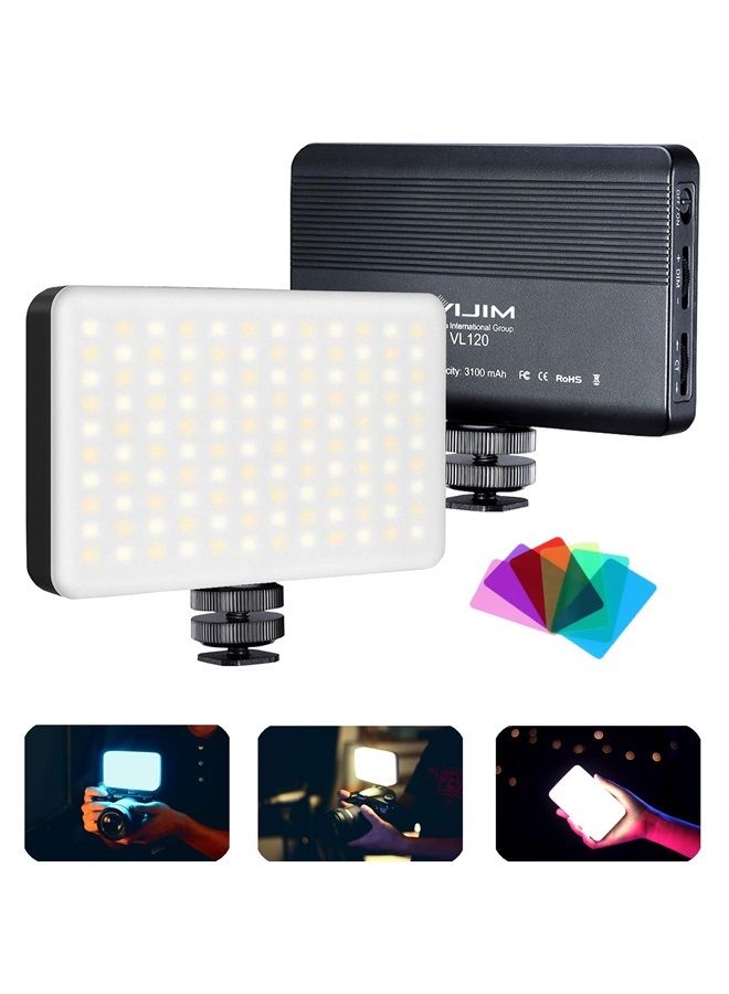 VIJIM ضوء فيديو LED VL120 على الكاميرا، مصباح تصوير صغير قابل لإعادة الشحن 120 LED، إضاءة ملء 3200K-6500K ثنائية اللون قابلة للتعتيم، CRI95+، بطارية مدمجة 3100mAh لكاميرات كانون ونيكون وسوني DSLR - Image 1